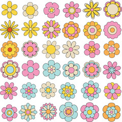 set of cute flowers retro groovy style vector illustration for decoration invitation greeting birthday party celebration wedding card poster banner textiles wallpaper background