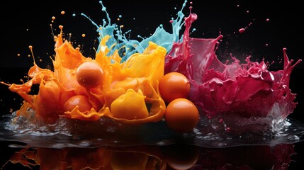 watercolor splashes form a rainbow on a black background