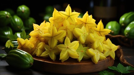 Star fruit in a glass, basket,plate