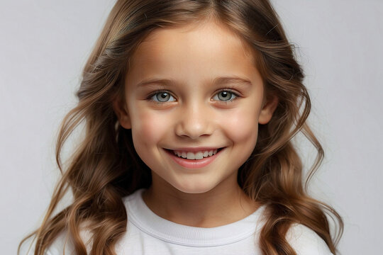 Portrait of a beautiful young girl smiling at the camera. Isolated on a plain background. Studio photography. Promotional image.