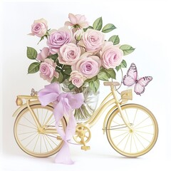 bouquet of pink roses on a bicycle