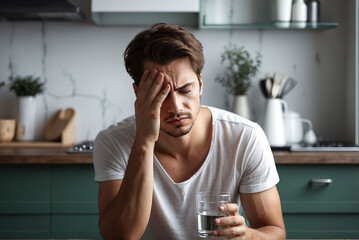 Young man suffering from strong headache or migraine sitting with glass of water in the kitchen, millennial guy feeling intoxication and pain touching aching head, morning after hangover concept - obrazy, fototapety, plakaty