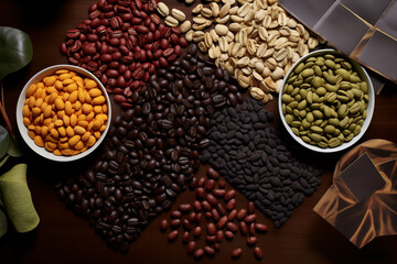 Drinks and food concept. Set of various coffee beans background with copy space. Various roasted beans placed on counter. Food background with copy space