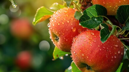 Beautiful red apples on the tree kissed by dew