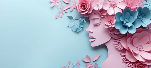 Paper art profile of woman with floral decorations. Art and Craft. - obrazy, fototapety, plakaty