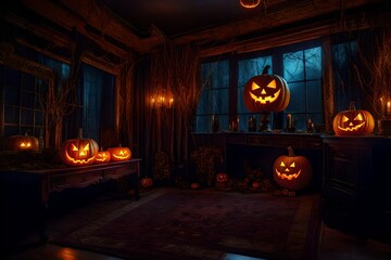 halloween pumpkin in a fireplace