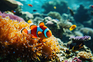 Clown fish swimming on anemone underwater reef background, Colorful Coral reef landscape in the deep of ocean. Marine life concept, Underwater world scene.