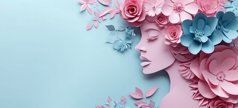 Paper art profile of woman with floral decorations. Art and Craft.