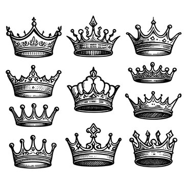 Sketch crown. Simple graffiti crowning, elegant queen or king crowns hand drawn. Royal imperial coronation symbols, monarch majestic jewel tiara isolated icons vector illustration set