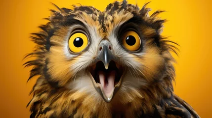 Tuinposter surprised owl on yellow background © Hnf