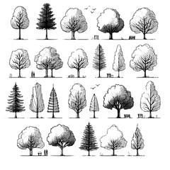 Line vector illustration rough hand drawn sketch tree perfect for architectural design presentations. - obrazy, fototapety, plakaty