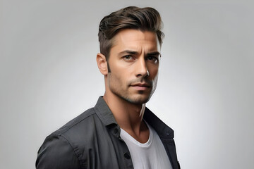 Obraz premium Studio portrait of a casually dressed, serious-looking, handsome young man. Promotional image for ads and web design.