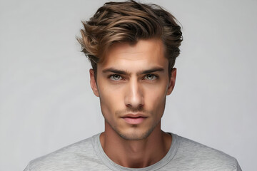 A closeup photo portrait of a handsome man with a serious expression on his face. Stylish hair with a strong jawline. For ads and web design.