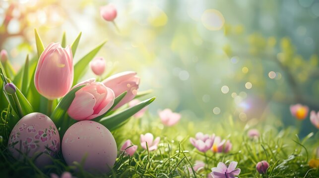 Beautiful Easter background with vibrant eggs set against a pastel palette, enhanced by enchanting light effects and a gentle blur, providing ample copy space
