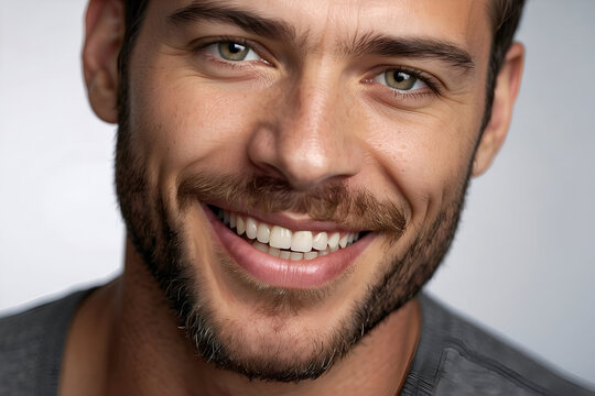 Closeup image of a bearded handsome young man smiling. Dental advertisement. Beauty and skincare image.