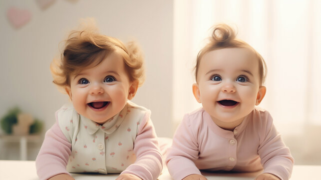 Sibling Joy: Twin Toddlers with Beaming Smiles
