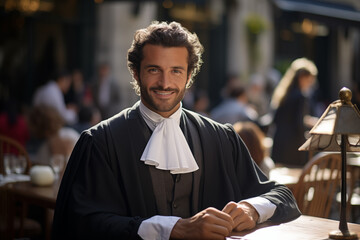 Smiling male lawyer in a lawyer's robe. Justice professions. AI.
​ - obrazy, fototapety, plakaty