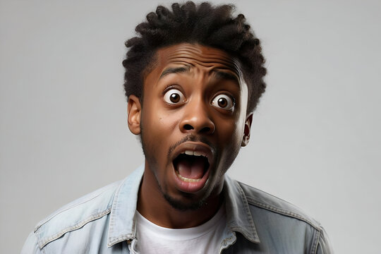 Funny image of a young black man with wide-open eyes and a shocked facial expression. 