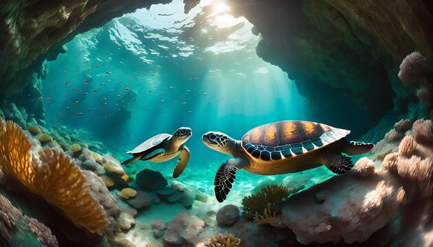 a detailed digital painting showcasing turtles navigating through an underwater cave, capturing the interplay of light and the serene atmosphere of this unique marine habitat.