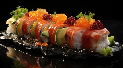 Sushi pieces on black background. Popular sushi food.