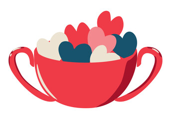 Hand Drawn Cup with Hearts Inside. Cartoon Element for Valentines Day, Wedding and Love Concept Vector Illustration.