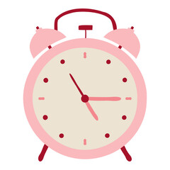 Hand Drawn Cute Pink Alarm Clock with the Hands on the Dial. Cartoon Vector Illustration.