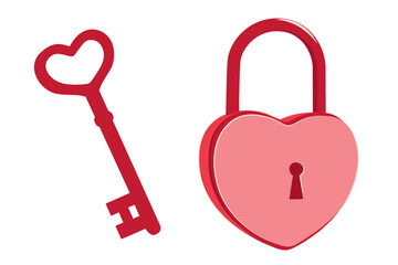 Hand Drawn Heart Shaped Key and Padlock. Cartoon Element Vector Illustration.