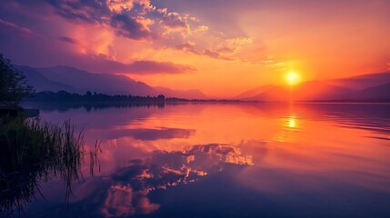 Fototapeta na wymiar pink sunset on the lake