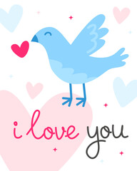 Fototapeta na wymiar Valentine's Day card. Cute blue dove with a pink heart. The inscription 