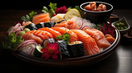 Nigiri sushi, sushi rolls and sashimi served on a traditional Japanese Sushioke round plate.