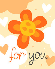 Valentine's Day greeting card. Compliment, cute little card. Orange flower on a light orange background. The inscription 