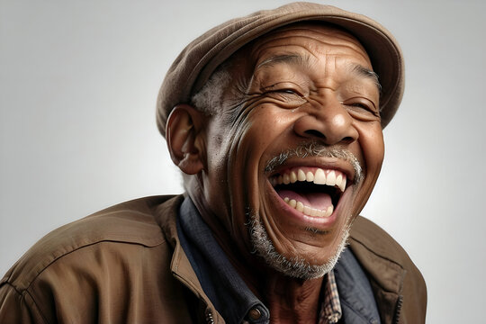 Portrait of an elderly black man wearing a cap laughing out loud. Dental promotional image.