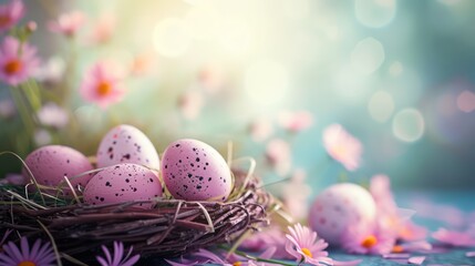 Beautiful Easter background with vibrant eggs set against a pastel palette, enhanced by enchanting light effects and a gentle blur, providing ample copy space