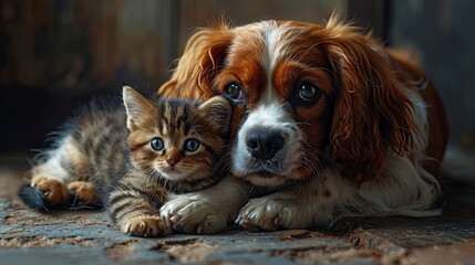 King Charles Spaniel Puppy Hugging Kitten, Desktop Wallpaper Backgrounds, Background HD For Designer