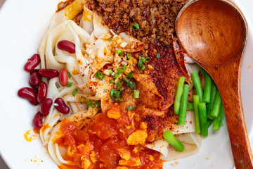 top view xi an biangbiang noodles at horizontal composition