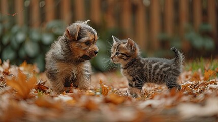 Little Puppy Playing Tabby Kitten, Desktop Wallpaper Backgrounds, Background HD For Designer