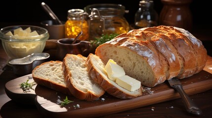 Delicious bread with butter and knife on wooden board