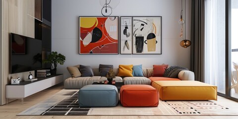 Contemporary living room with a modular sofa, abstract art pieces, and a sleek low-profile media unit, interior design