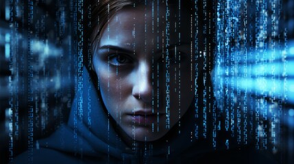 Woman looking at the camera and smart technology for face recognition, Biometric identification, digital binary data, futuristic cyber security, scanning and facial detection