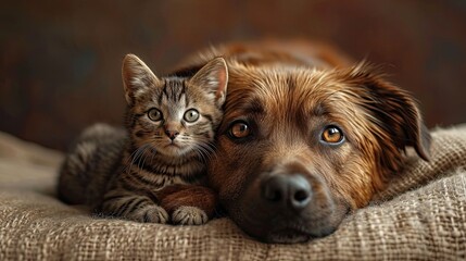 Mixed Breed Dog Posing Kitten, Desktop Wallpaper Backgrounds, Background HD For Designer - obrazy, fototapety, plakaty