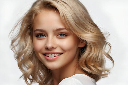 Studio portrait of a beautiful young blond girl smiling at the camera. Beauty and skincare promotional image.