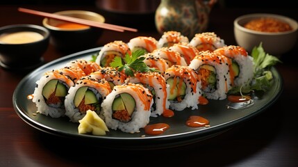 Tempura maki rolled on a ceramic plate. Hot sushi with salmon, crab and cucumber inside, spicy mayo on top.