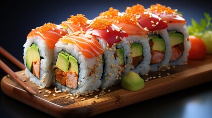 Delicious Japanese Futomaki sushi roll with fresh salmon and avocado