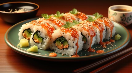 Tempura maki rolled on a ceramic plate. Hot sushi with salmon, crab and cucumber inside, spicy mayo on top.