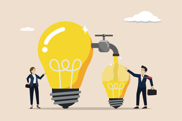 Sharing idea or knowledge sharing, transfer wisdom to employees or colleagues, learning new skills concept, business people transfer idea to new lightbulb.