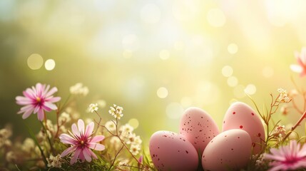 Fototapeta na wymiar Beautiful Easter background with vibrant eggs set against a pastel palette, enhanced by enchanting light effects and a gentle blur, providing ample copy space