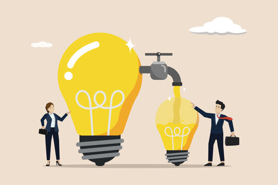 Sharing idea or knowledge sharing, transfer wisdom to employees or colleagues, learning new skills concept, business people transfer idea to new lightbulb.