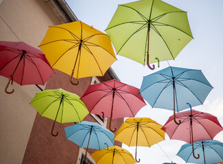 colorful umbrellas in the city Novigrad, Croatia