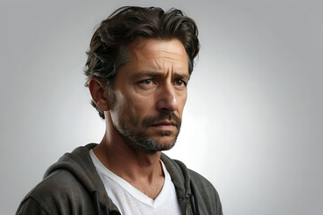 Obraz premium Portrait of a middle-aged man with a sad expression on his face. Isolated against a plain background. Studio photography. Promotional image.