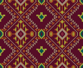 Bright color textile patterns with Thai motifs and geometric shapes in a cross-stitch style on a red background. Suitable for fabrics, textiles, clothing, carpets, wallpaper, skirts and wrapping.